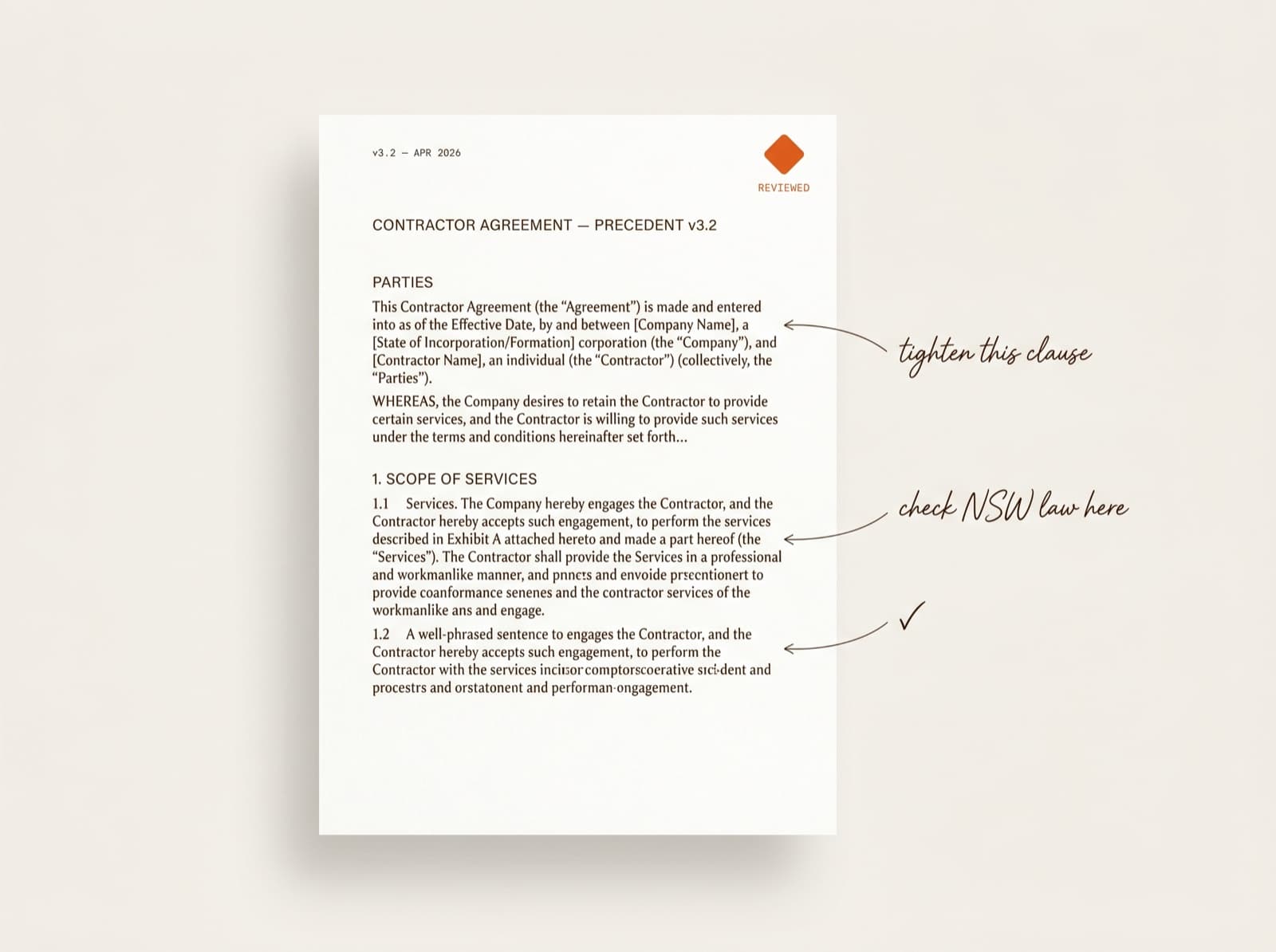 A lawyer-reviewed precedent, with margin notes