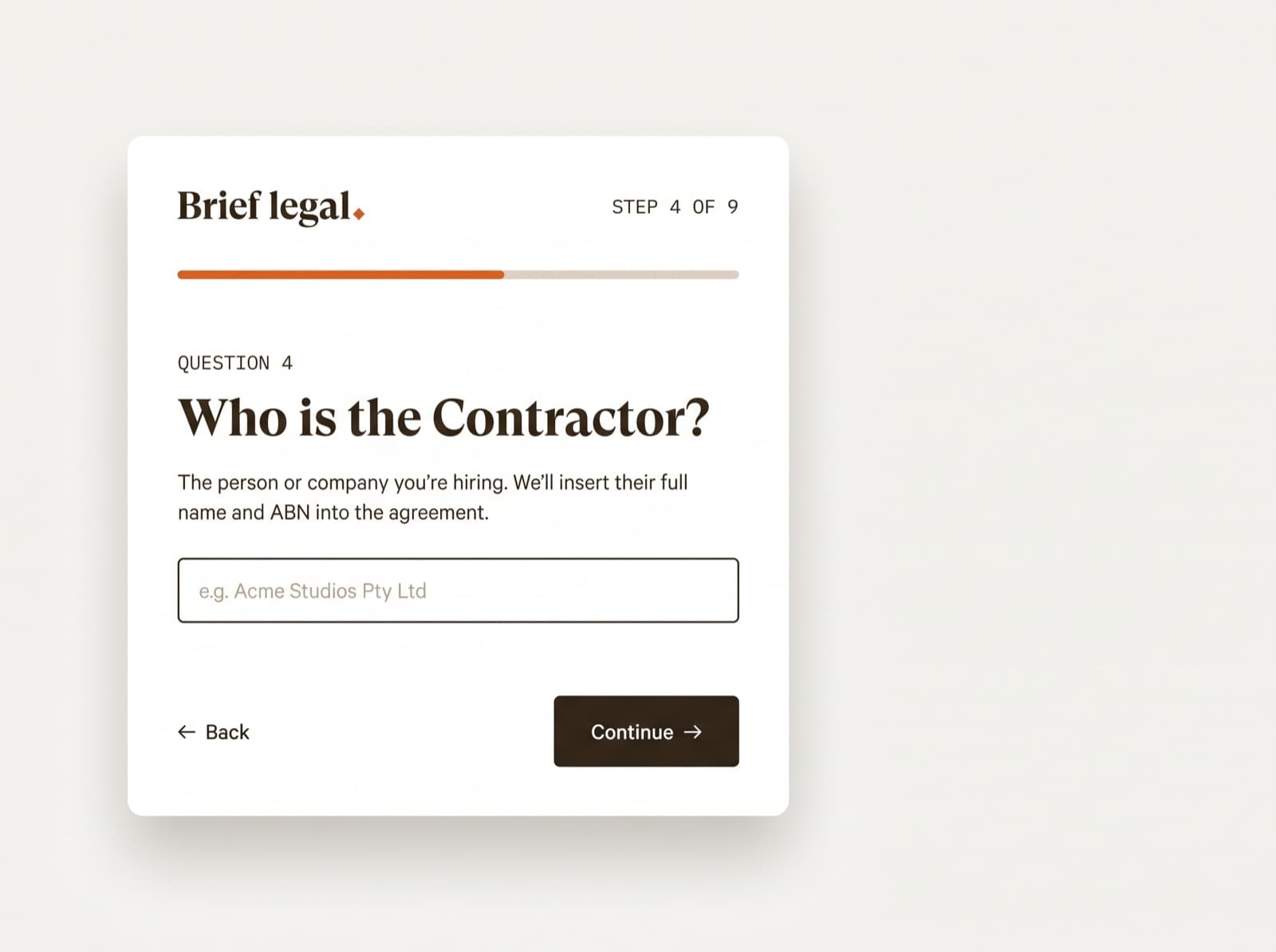 The Brief Legal form, mid-flow