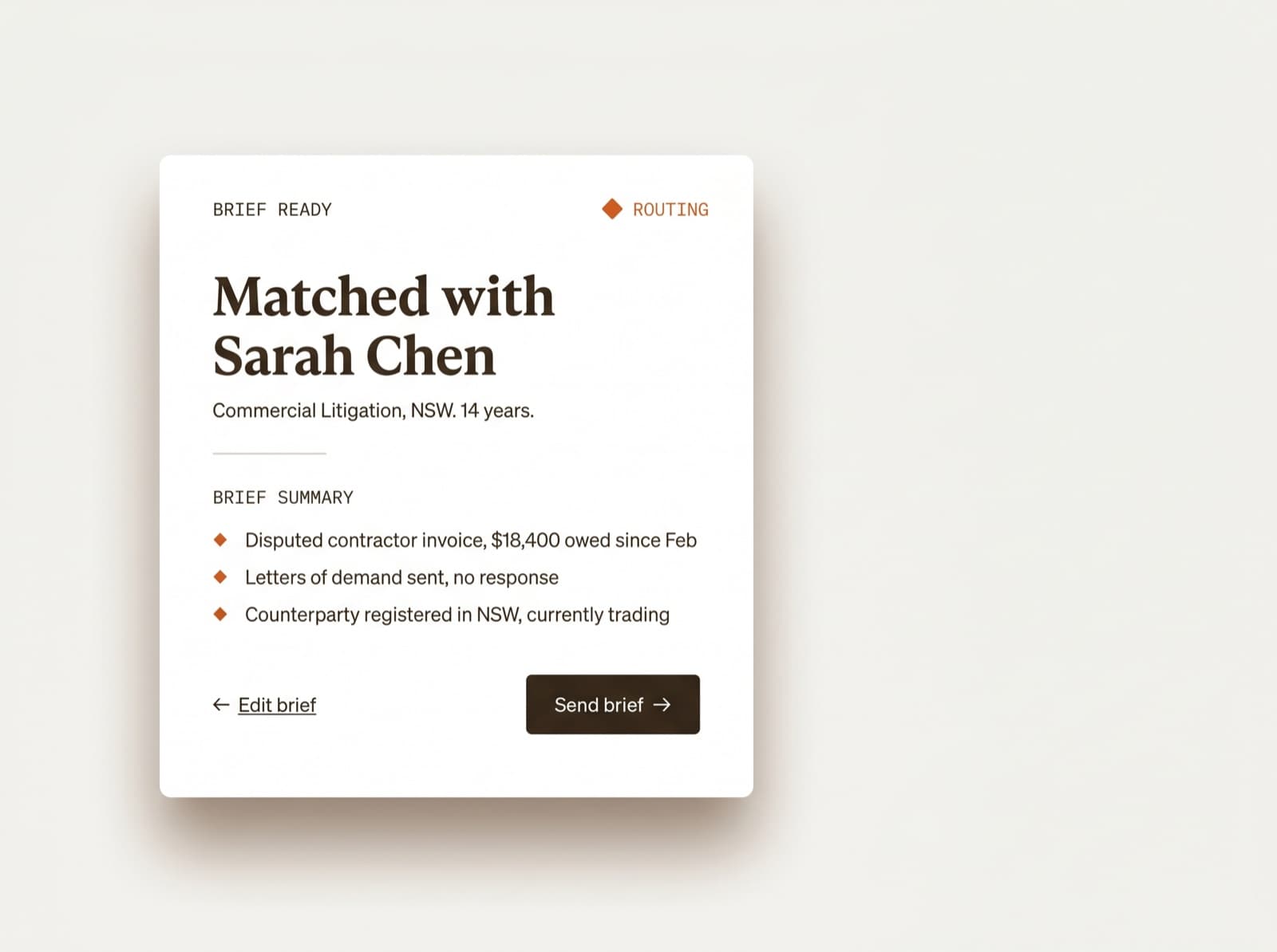 The brief, routed to a specialist solicitor